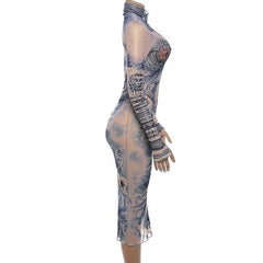 Sheer mesh see through abstract contrast print long sleeve gloves midi dress  | samba dress