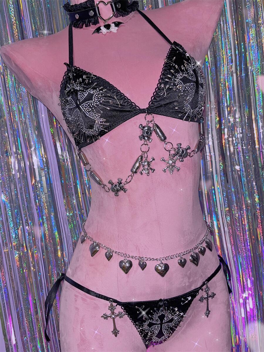 Halter beaded metal applique cross pattern pant set