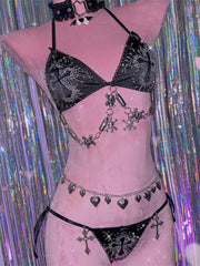 Halter beaded metal applique cross pattern pant set