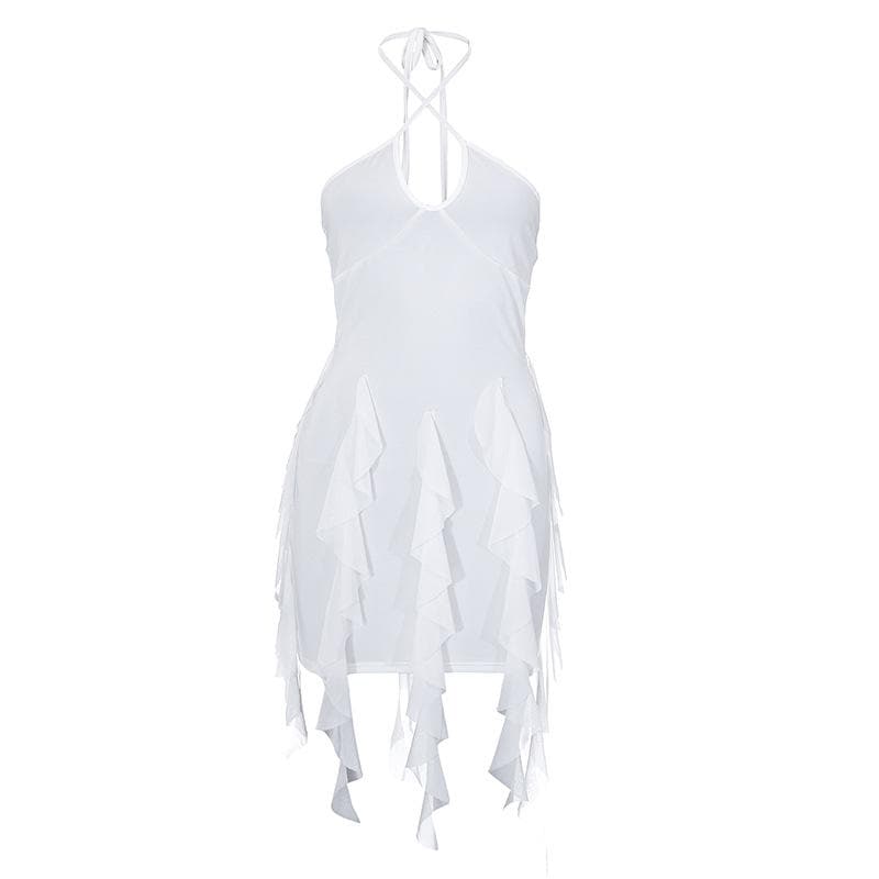 Ruffle halter solid cross front backless self tie mini dress  | black rave dress  | black rave dress