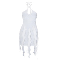 Ruffle halter solid cross front backless self tie mini dress  | black rave dress  | black rave dress