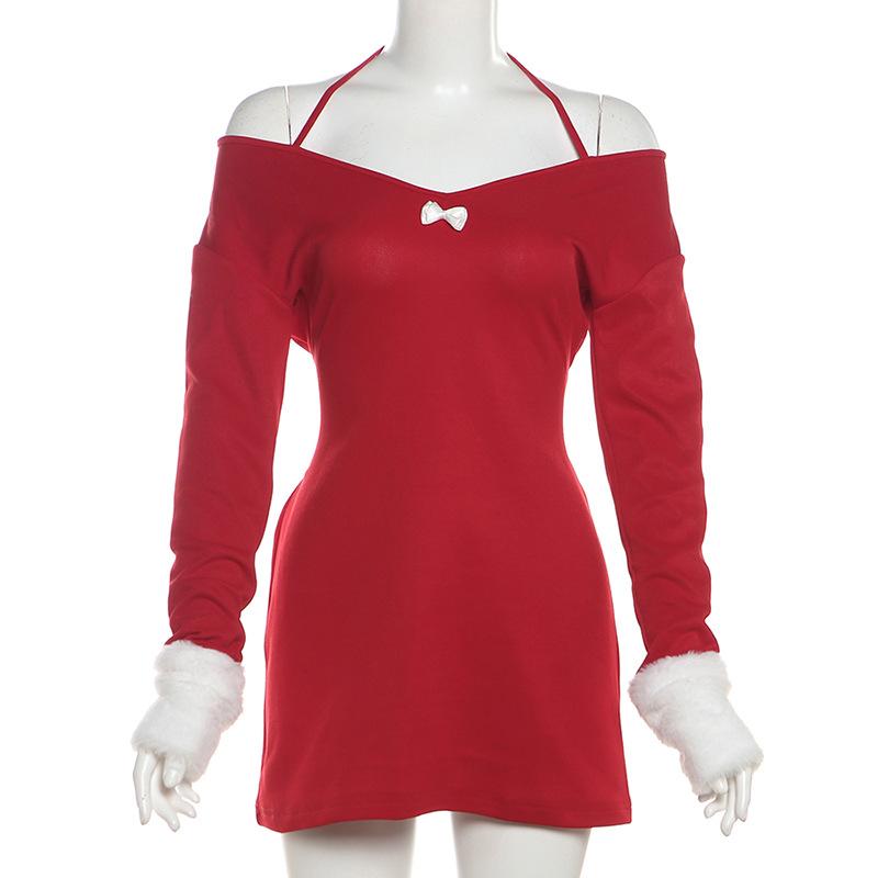 Halter long sleeve off shoulder fluffy mini dress