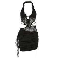 Halter deep v neck patchwork lace ruffle mini skirt set