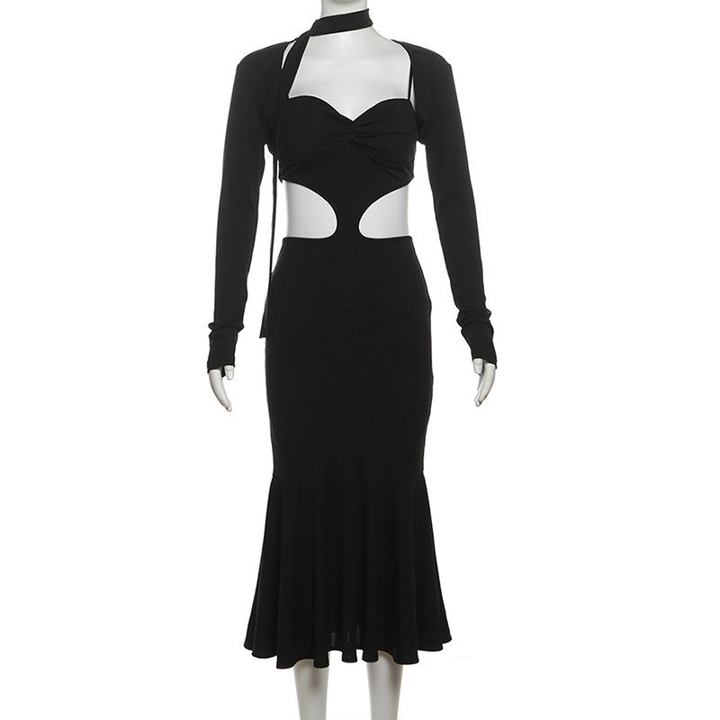 Long sleeve sweetheart neck shrug 2 piece hollow out maxi dress