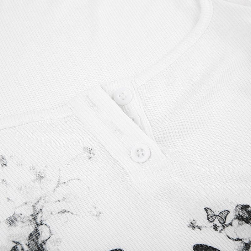 Butterfly pattern long sleeve button contrast 2 piece crop top