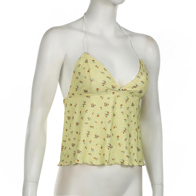 Halter v neck flower print backless textured top