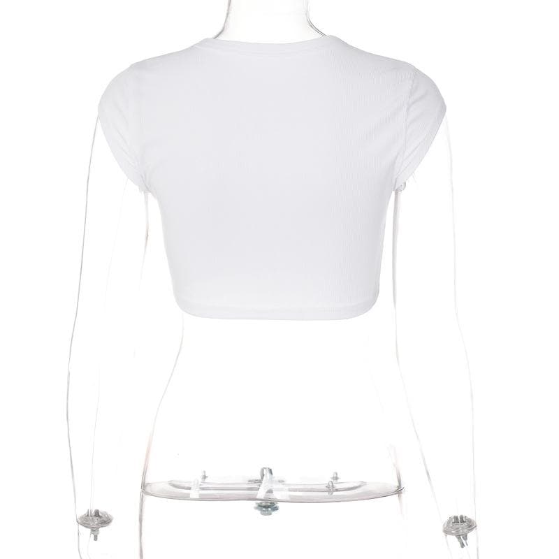 embroidery contrast crewneck cap sleeve crop top