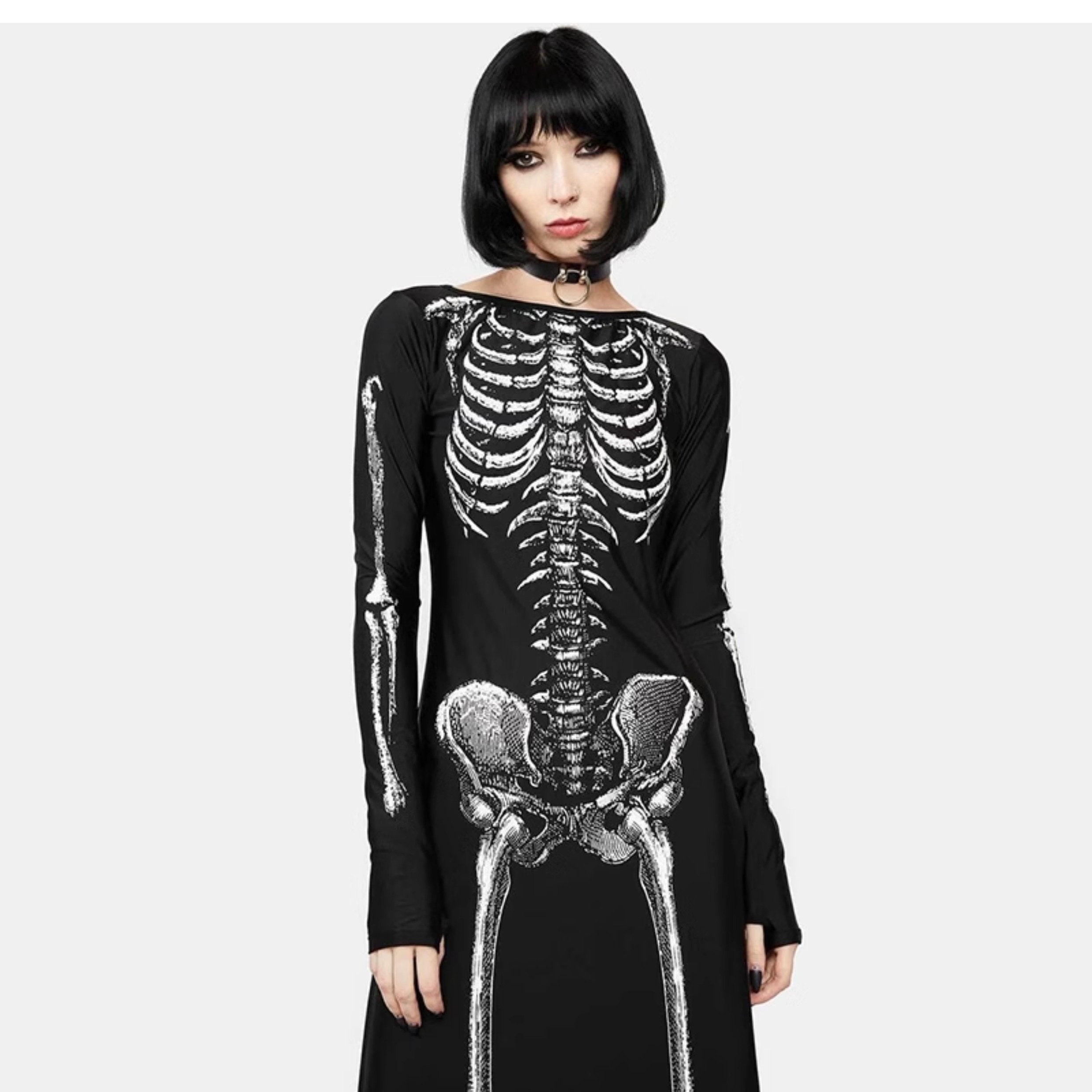 Long sleeve slit human skeleton print maxi dress