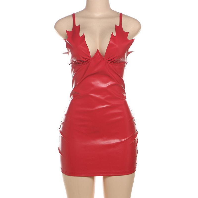 PU leather backless zip-up cami mini dress
