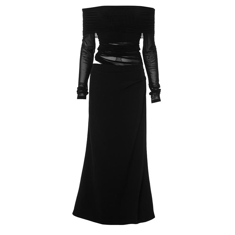Off shoulder long sleeve mesh patchwork ruched hollow out maix dress