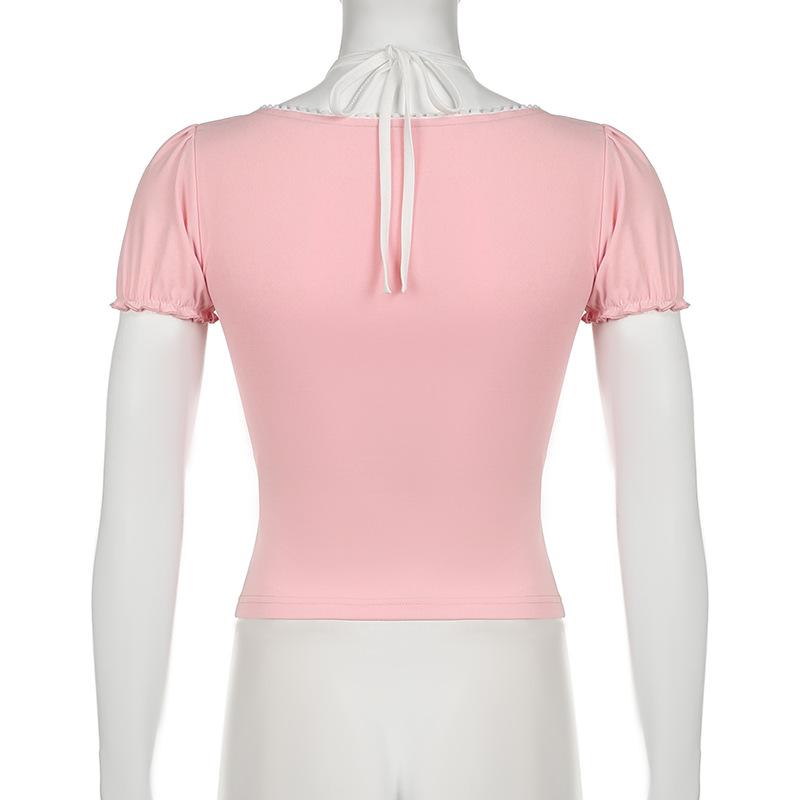 Short puff sleeve halter patchwork bowknot top