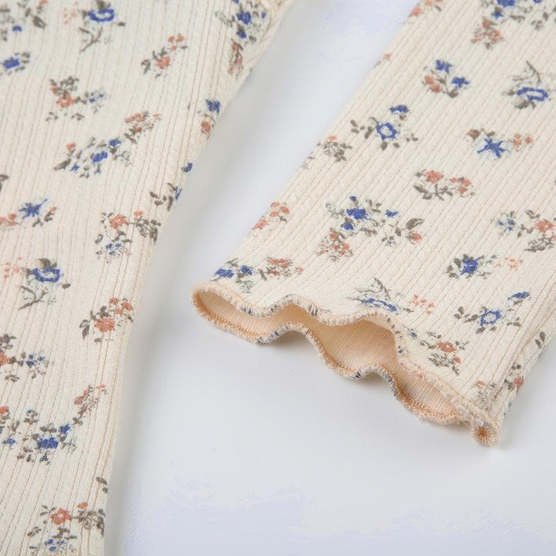 Flower print contrast long sleeve v neck lace hem top