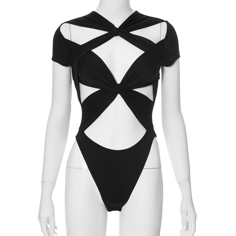 Short sleeve cross front hollow out solid bodysuit