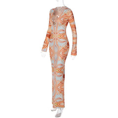 Contrast print o ring v neck long sleeve maxi dress