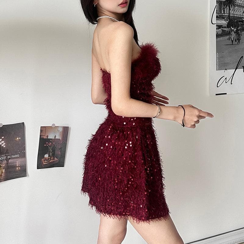 Textured glitter backless feather tube mini dress  | red tango dress