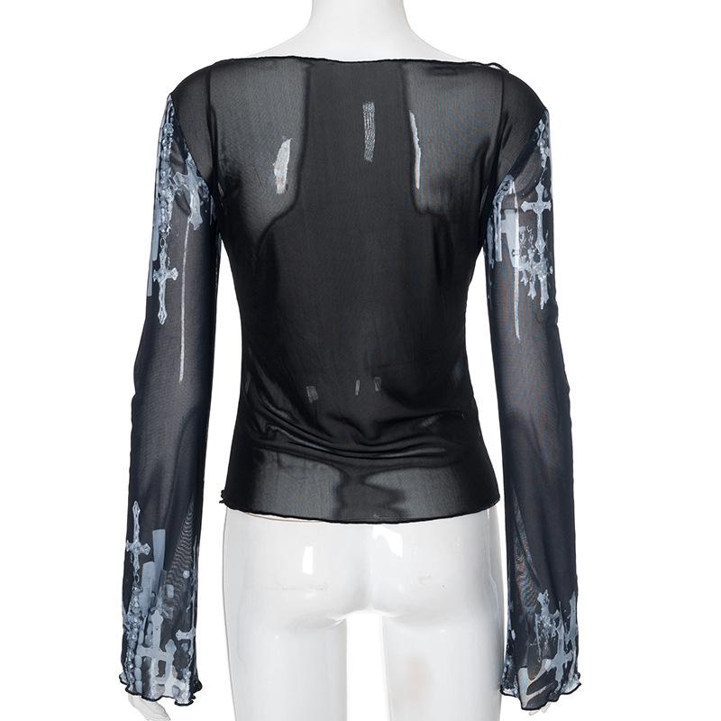 Off shoulder long sleeve mesh cross print top