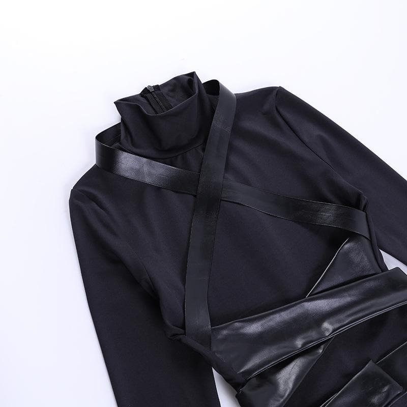 Long sleeve high neck cross front button zip-up mini dress  | black rave dress