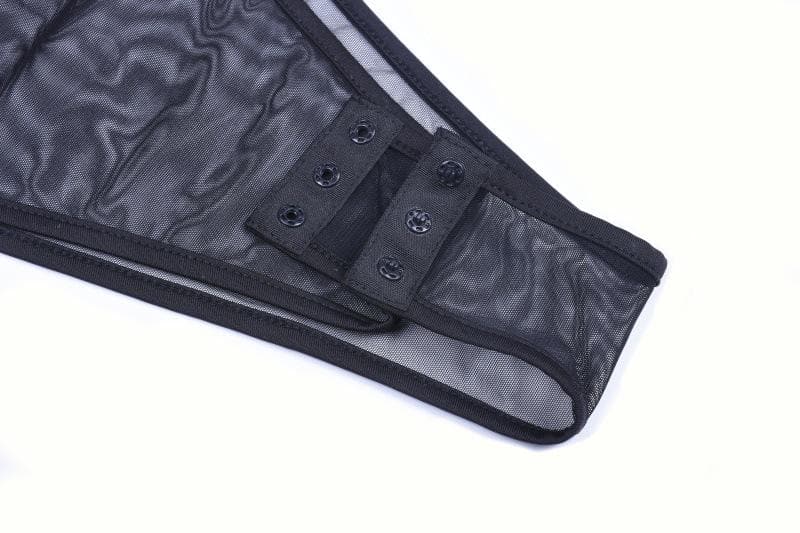 Sheer mesh see through one shoulder irregular gloves bodysuit