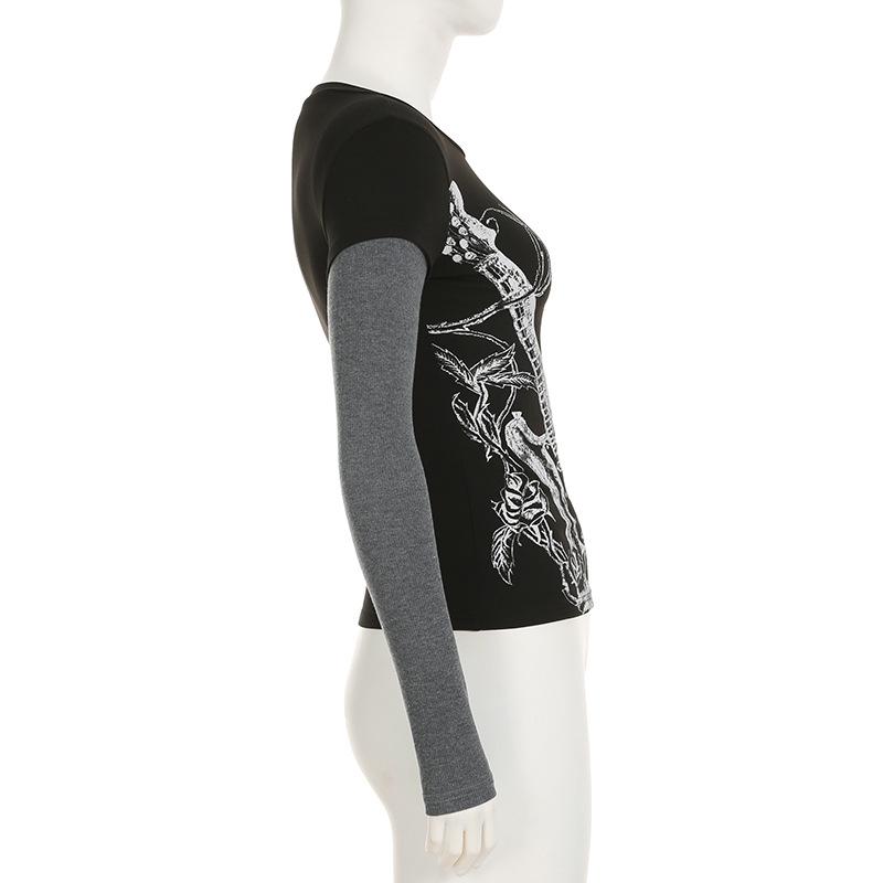 Long sleeve crewneck abstract print patchwork top