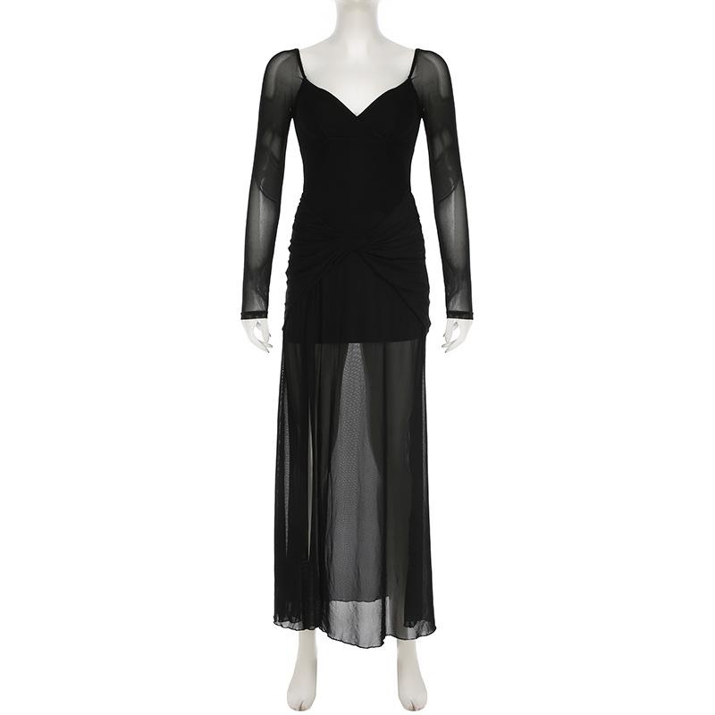 V neck long sleeve slit mesh maxi dress