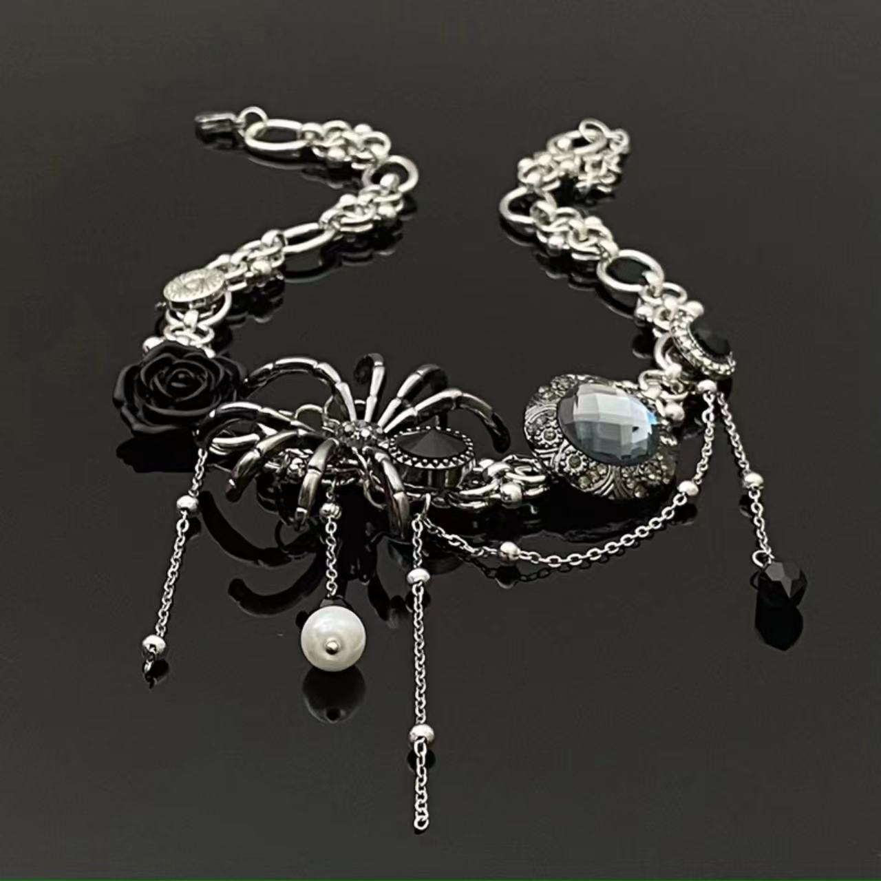 Spider rose beaded metal chain choker necklace
