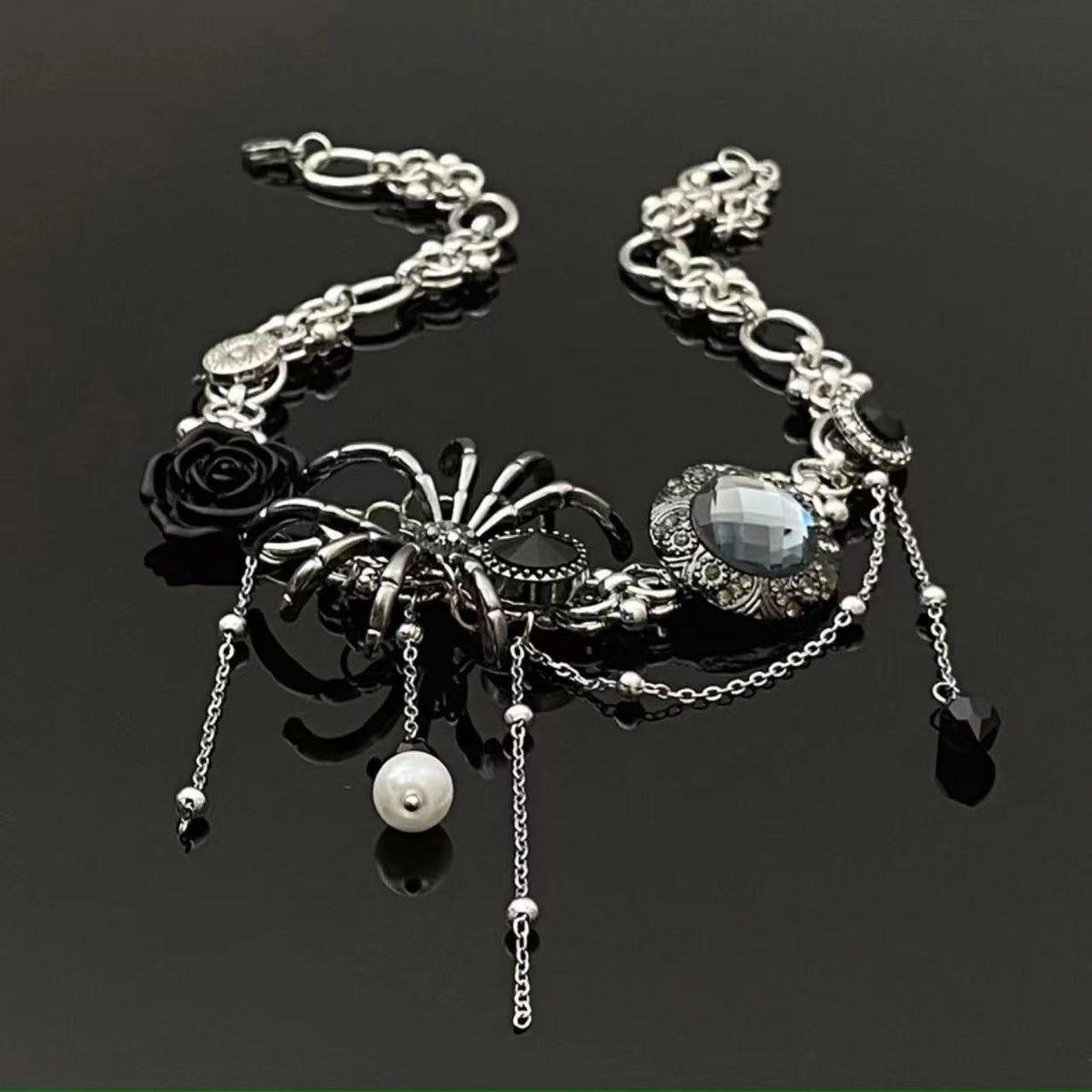 Spider rose beaded metal chain choker necklace