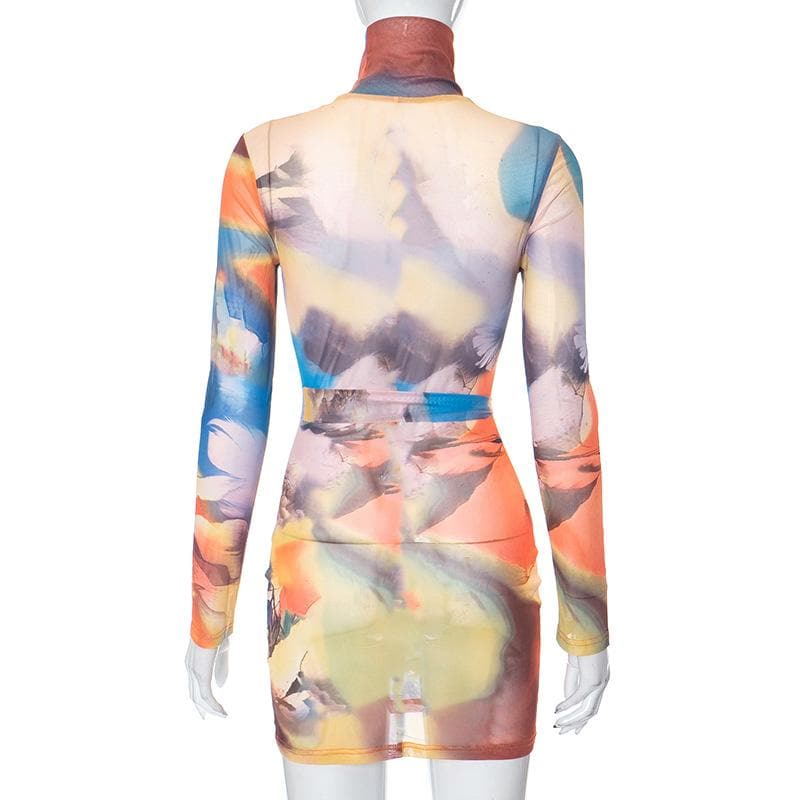 Self tie sheer mesh long sleeve high neck contrast print mini dress  | samba dress