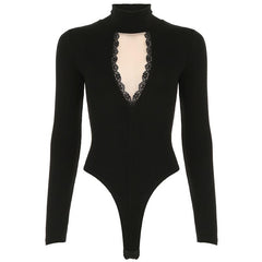 High neck long sleeve mesh patchwork bodysuit