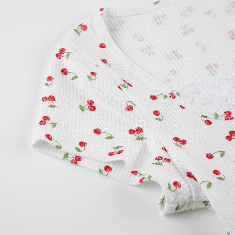 Cap sleeve textured cherry print bowknot lace hem top