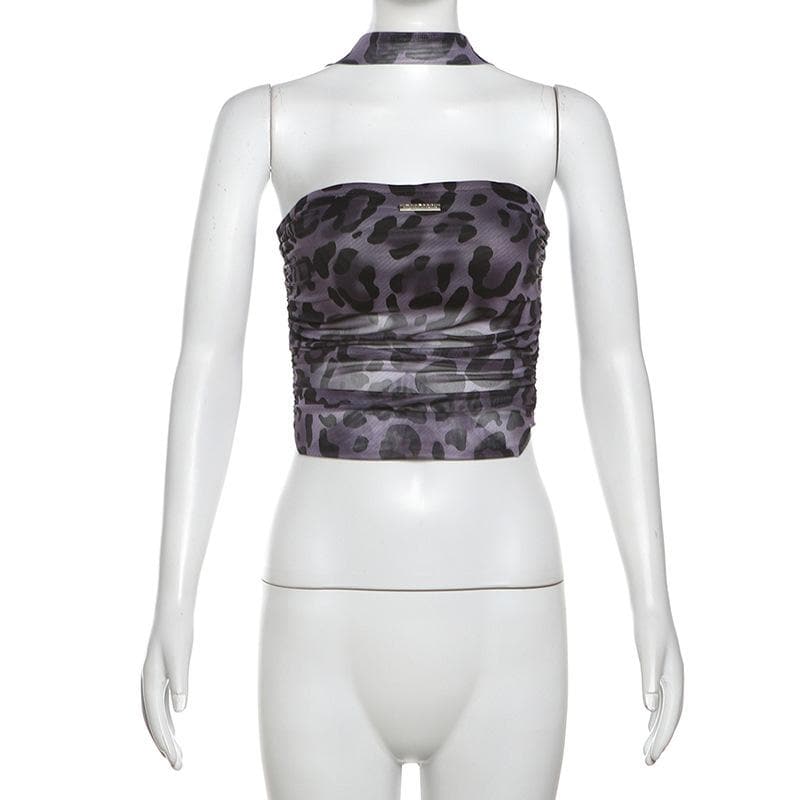 Halter metal tag leopard print sheer mesh top