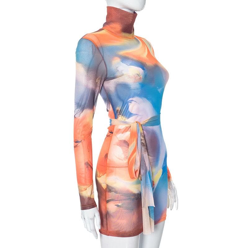 Self tie sheer mesh long sleeve high neck contrast print mini dress  | samba dress