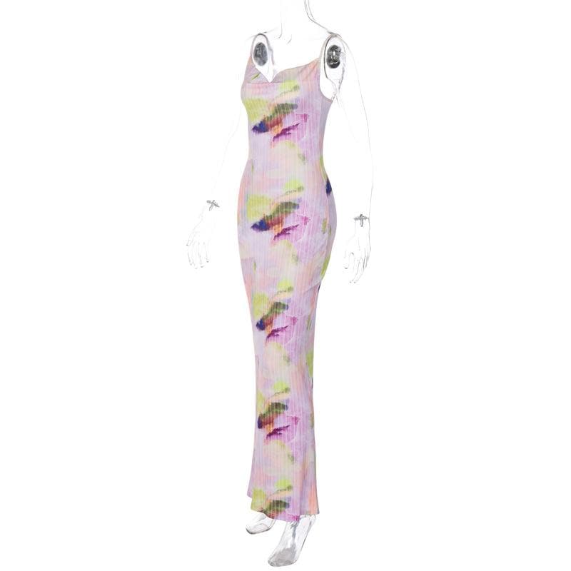 Backless cowl neck v neck contrast print cami maxi dress  | red tango dress