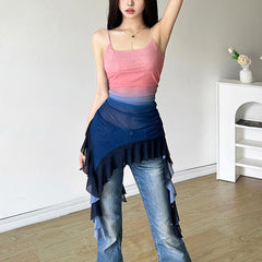 U neck sheer mesh gradient irregular ruffle cami top