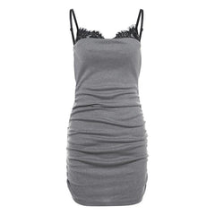 Ruched lace patchwork contrast v neck backless mini dress