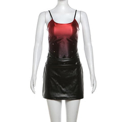 PU leather gradient ruched backless cami mini dress