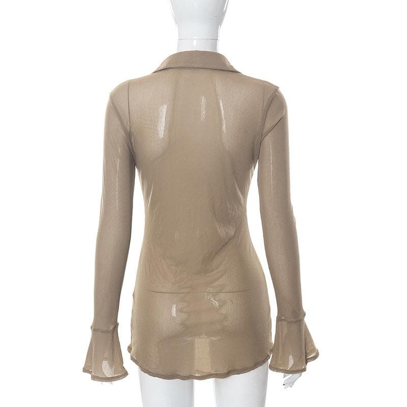 Sheer mesh see through button turnover collar flared sleeve mini dress  | samba dress