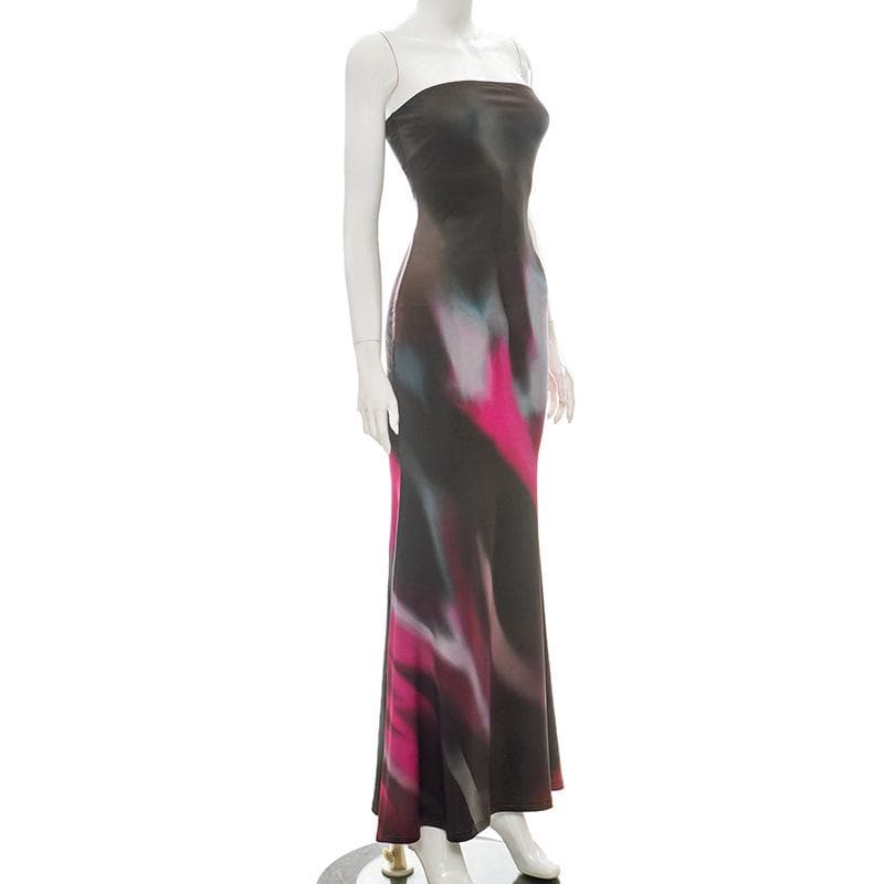 Print backless contrast tube maxi dress