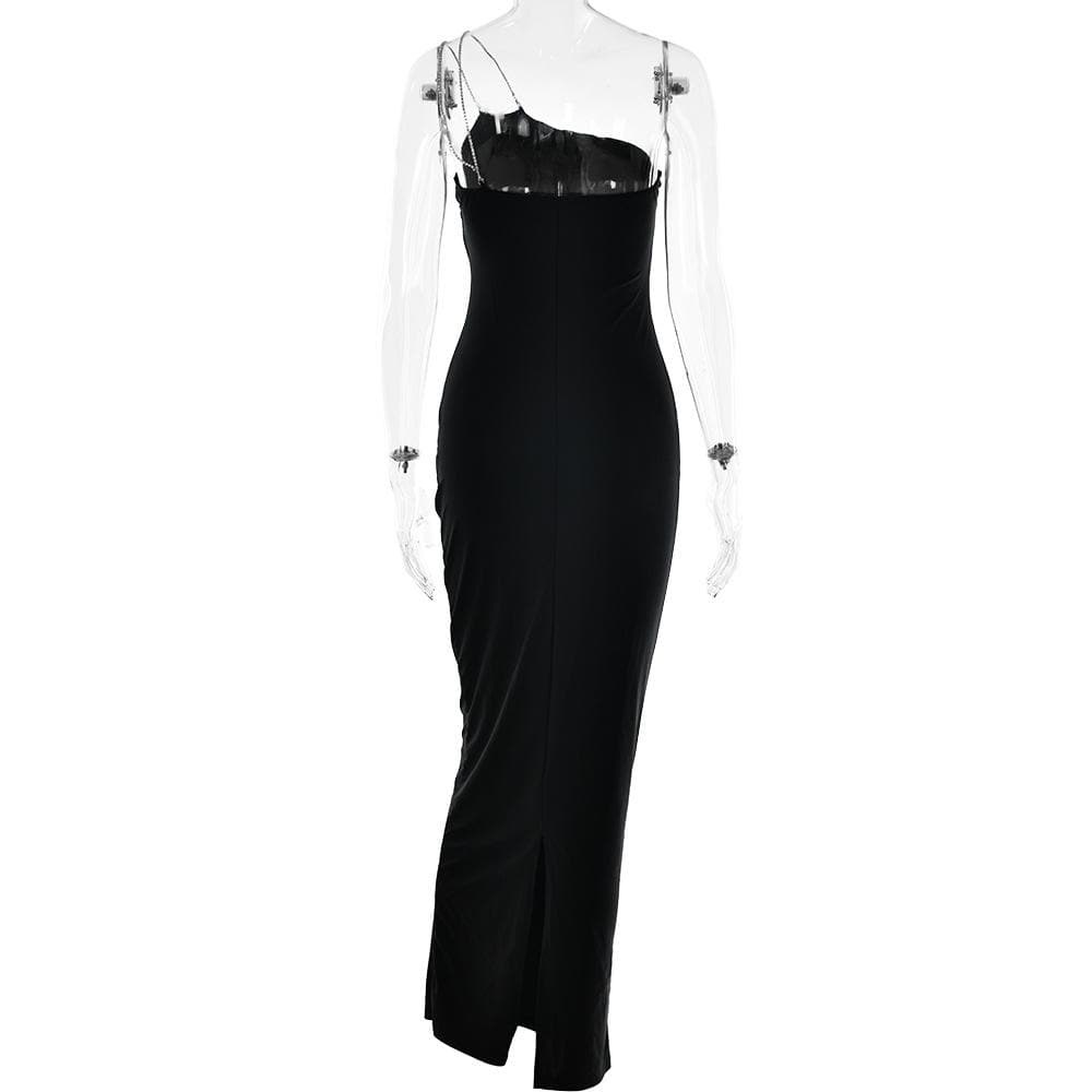 Metal chain one shoulder solid slit maxi dress  | red tango dress