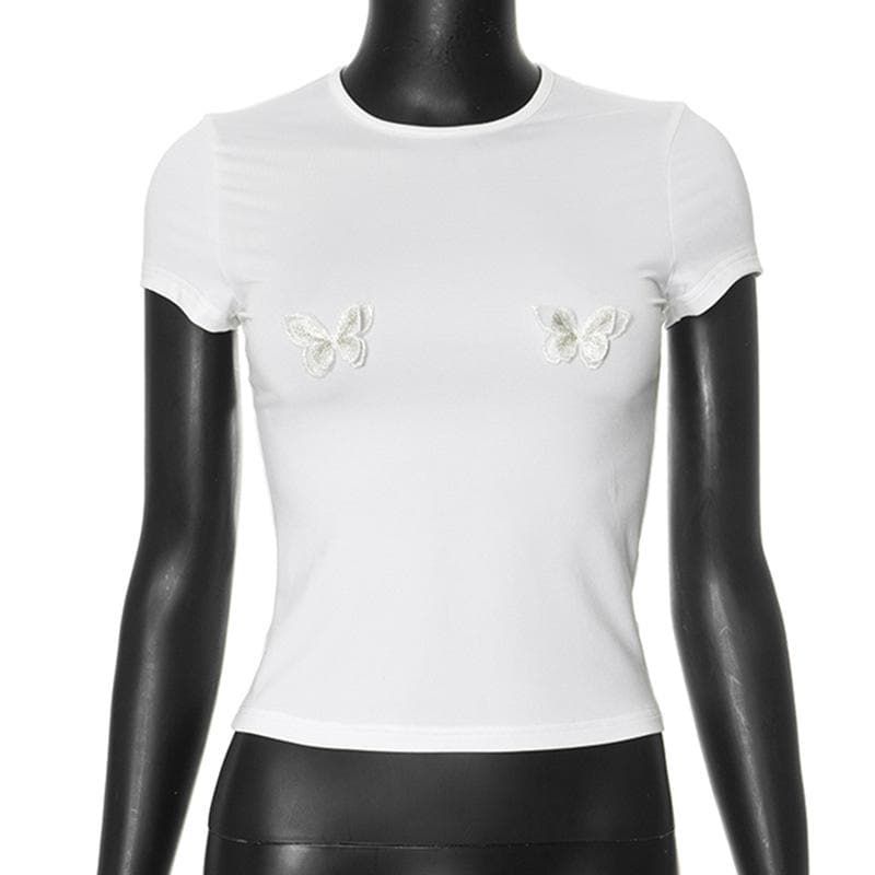 Short sleeve butterfly embroidery crop top