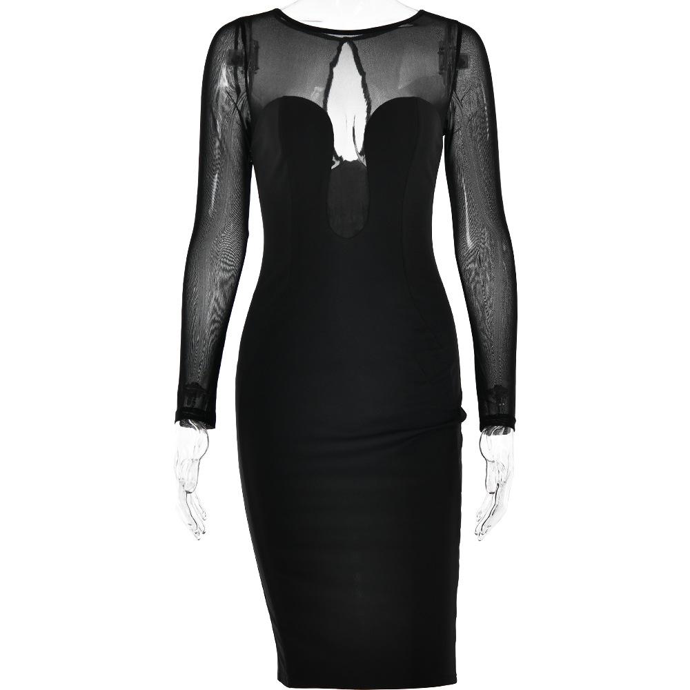 Long sleeve mesh patchwork button midi dress  | red tango dress