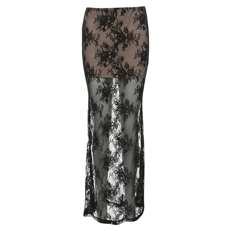 Lace mesh patchwork maxi skirt