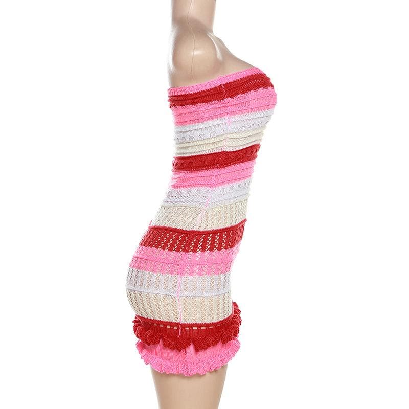 Backless ruffle contrast striped crochet tube dress  | red tango dress