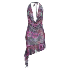 Halter cowl neck beaded sheer mesh print mini dress  | samba dress