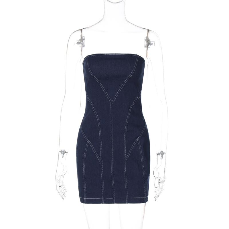 Denim stitch zip-up backless tube mini dress