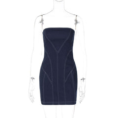 Denim stitch zip-up backless tube mini dress