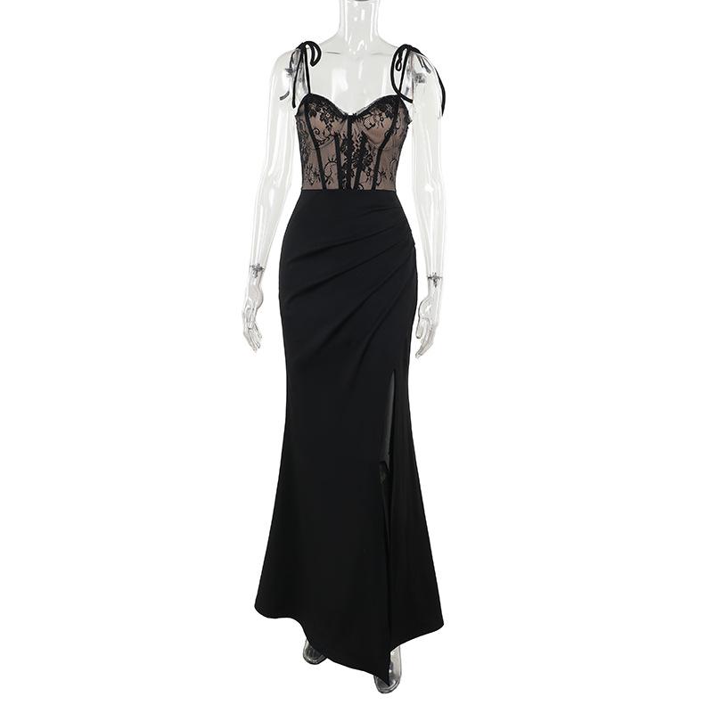 Sweetheart neck lace patchwork slit cami maxi dress