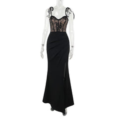 Sweetheart neck lace patchwork slit cami maxi dress
