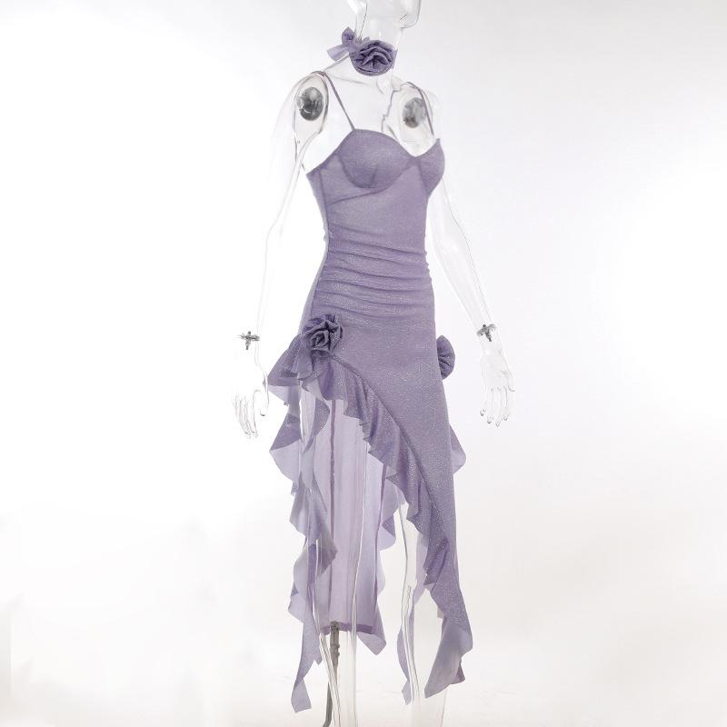 Sweetheart neck ruffle flower applique slit cami midi dress