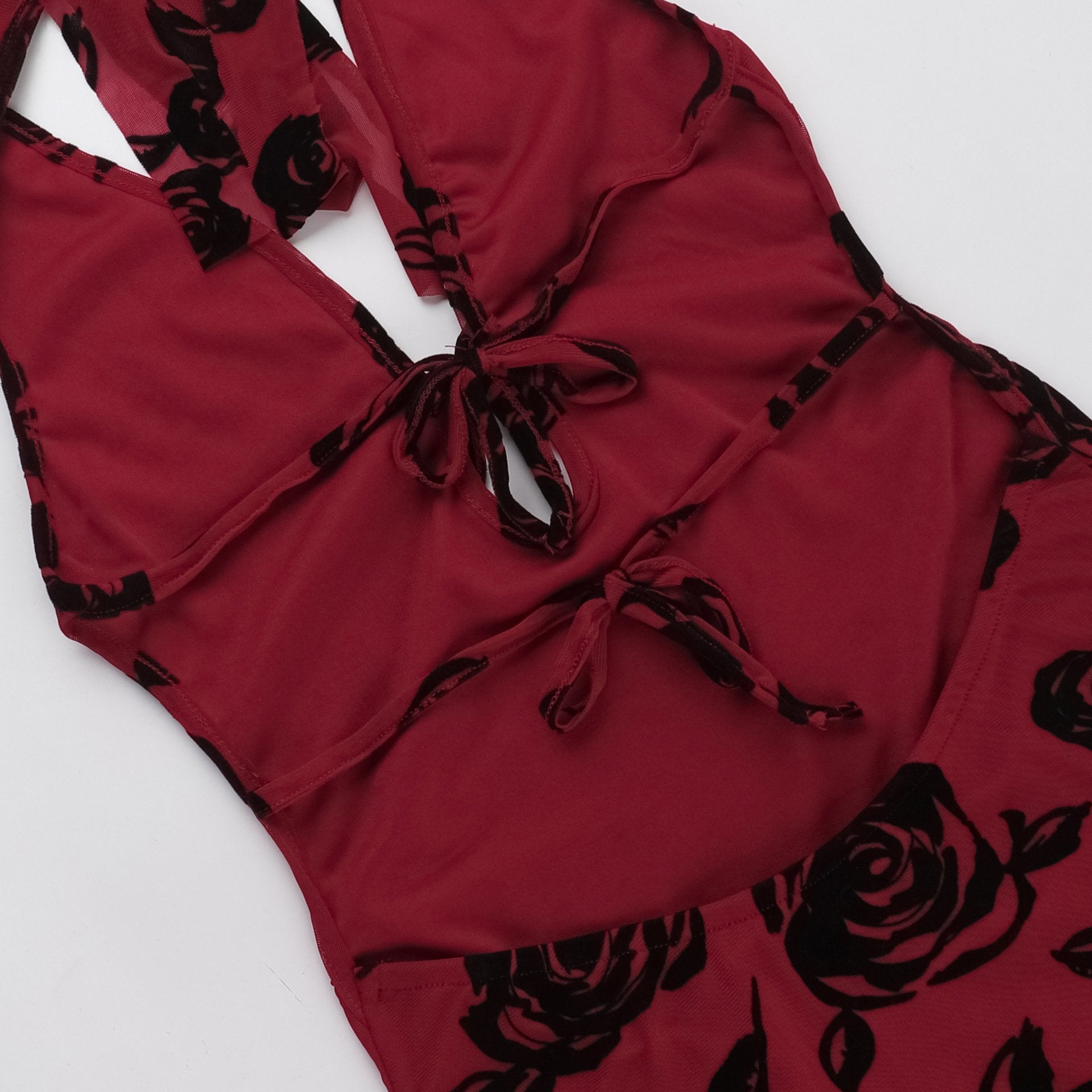 Halter v neck slit backless mesh self tie midi dress  | red tango dress