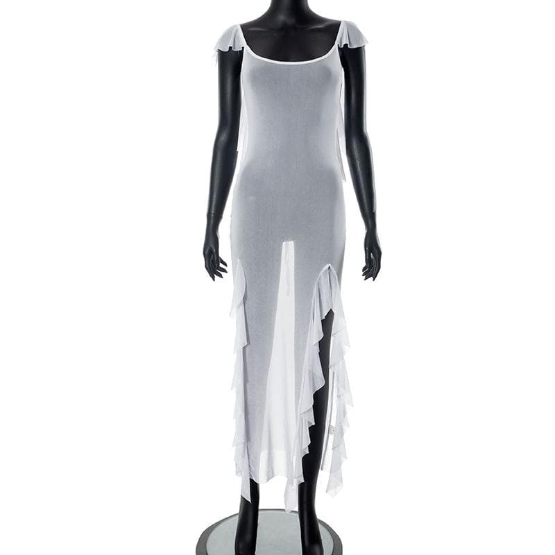 Sheer mesh see through backless ruffle slit cap sleeve maxi dress  | samba dress